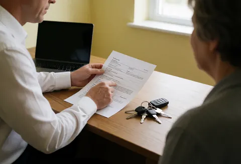Insurance agent reviewing a contract with a client at a wooden desk with car keys nearby in an office with yellow walls