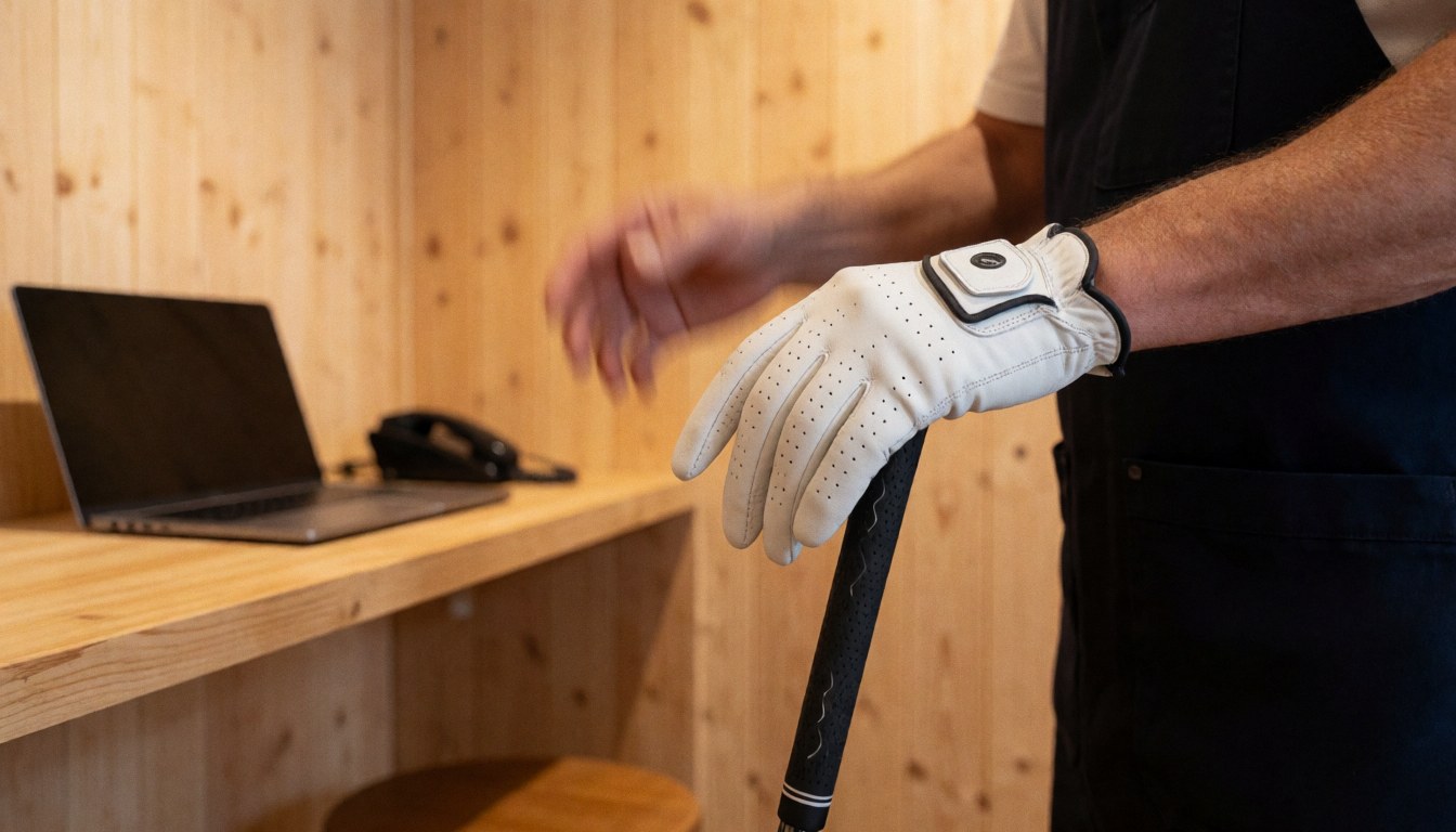 Close-up of a golf instructor's hand holding a white glove against a light wood background in a golf shop