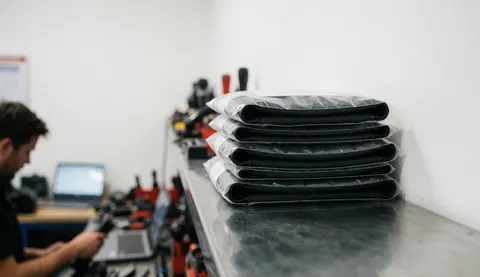 New tires packaged on a metal shelf in a repair shop with tools and a person working in the background.
