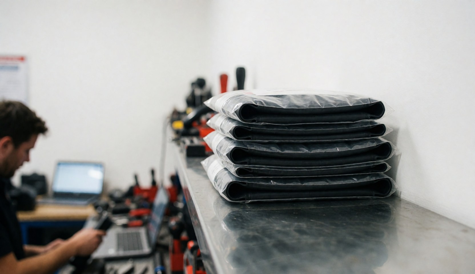 New tires packaged on a metal shelf in a repair shop with tools and a person working in the background.