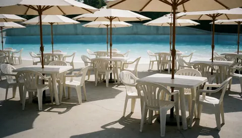 White tables and chairs under beige umbrellas beside a blue pool, ideal for text background in a water park.