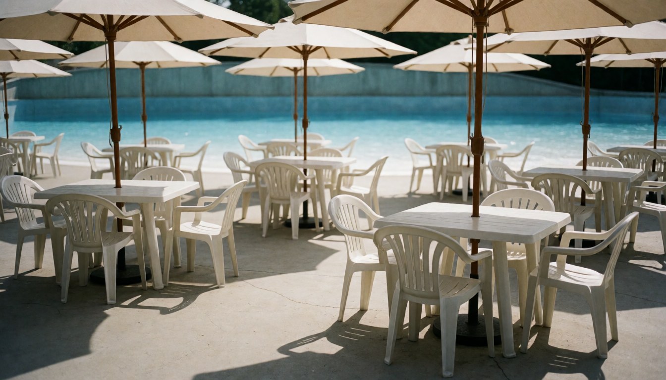 White tables and chairs under beige umbrellas beside a blue pool, ideal for text background in a water park.