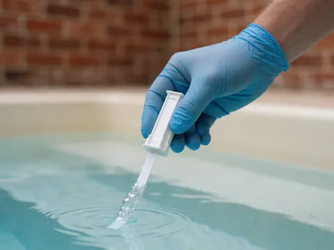 Close-up of a gloved hand holding a white test strip submerged in blue pool water with bubbles and a red brick wall in the background