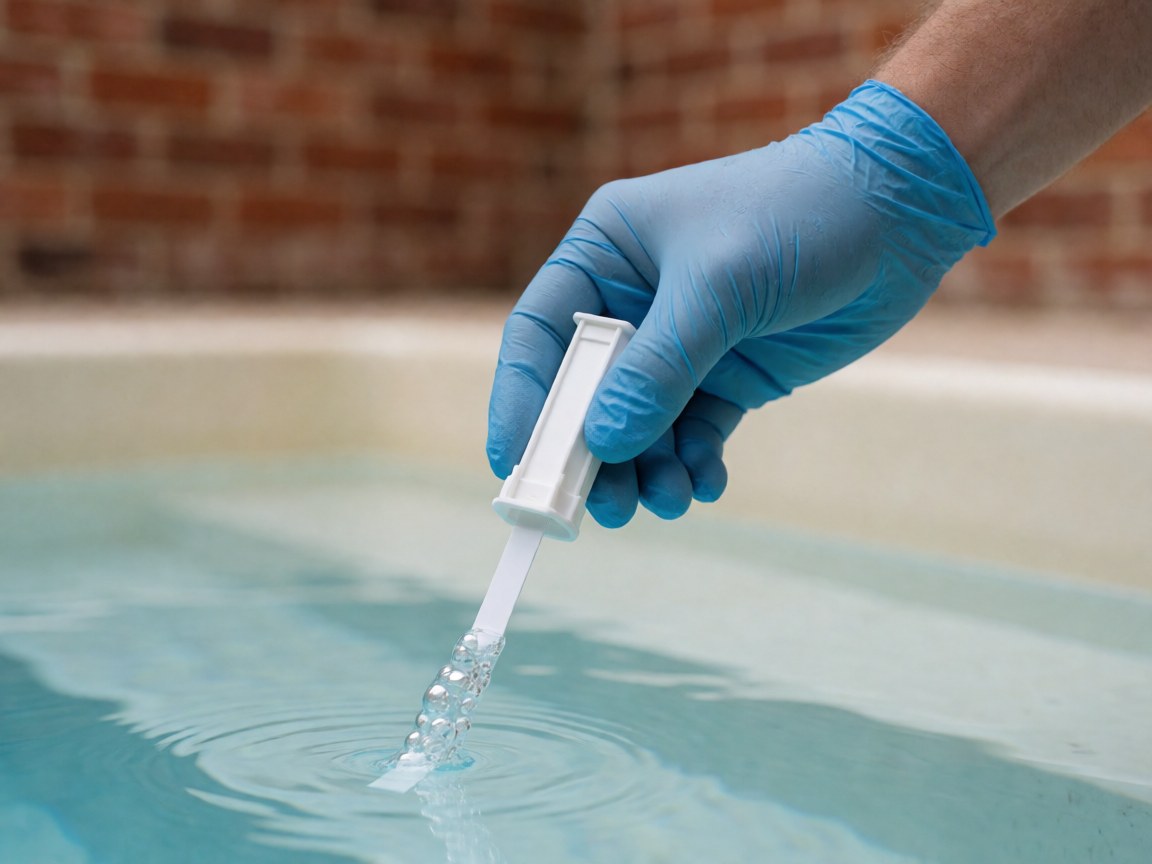 Close-up of a gloved hand holding a white test strip submerged in blue pool water with bubbles and a red brick wall in the background