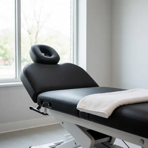 Black massage table with white towel in minimalist clinic with large windows and light gray walls