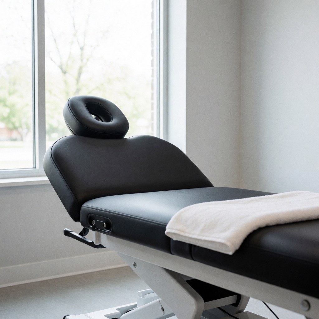 Black massage table with white towel in minimalist clinic with large windows and light gray walls