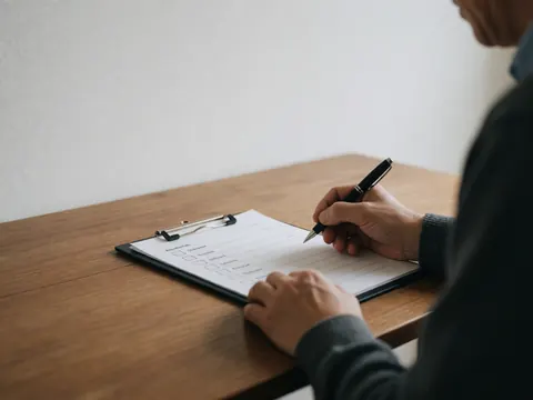 Close-up of adult hands holding a pen and reviewing a checklist document on a wooden desk, suitable for insurance services or evaluation processes.