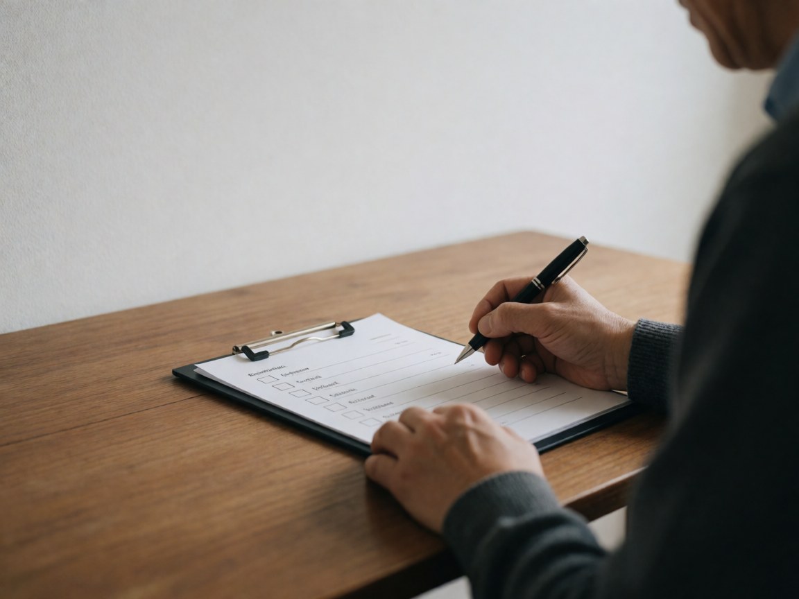 Close-up of adult hands holding a pen and reviewing a checklist document on a wooden desk, suitable for insurance services or evaluation processes.