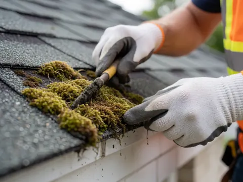 Gloved hands removing mold from an asphalt roof using a tool near a white cornice on a sunny day.