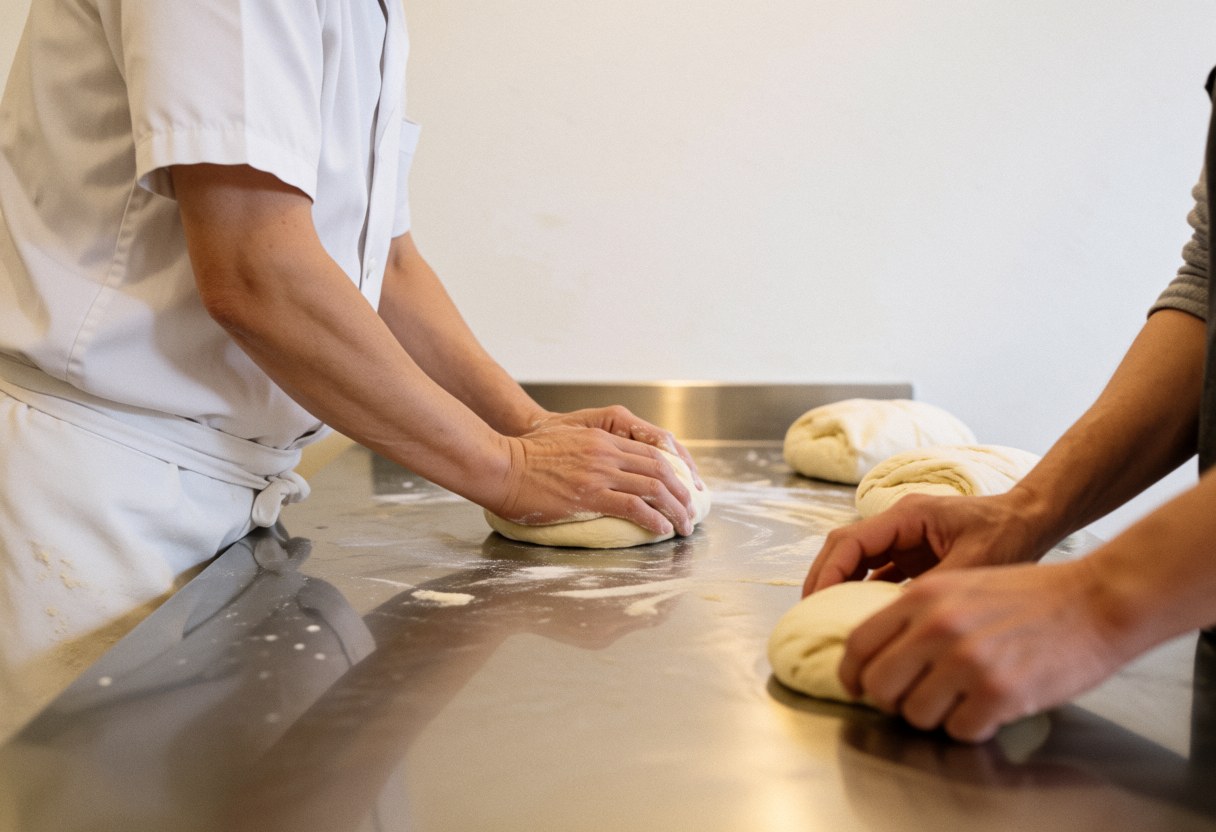 Baker kneading dough on stainless steel counter, flour dust visible, bread rolls nearby, clean bakery interior.