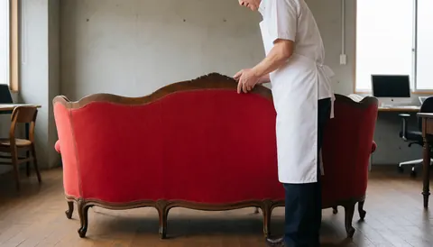 A man in a white apron inspects an antique red sofa with polished wood in a workshop with concrete walls and natural light.