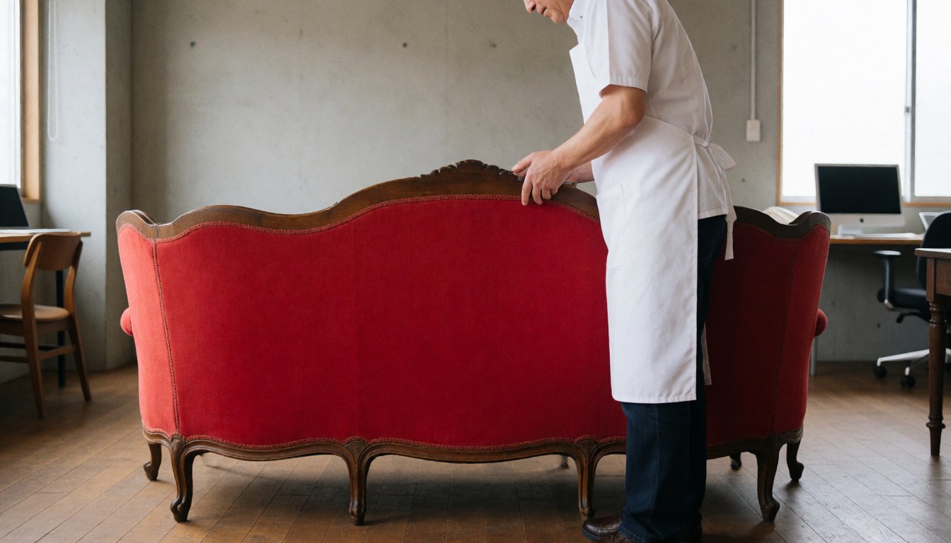 A man in a white apron inspects an antique red sofa with polished wood in a workshop with concrete walls and natural light.