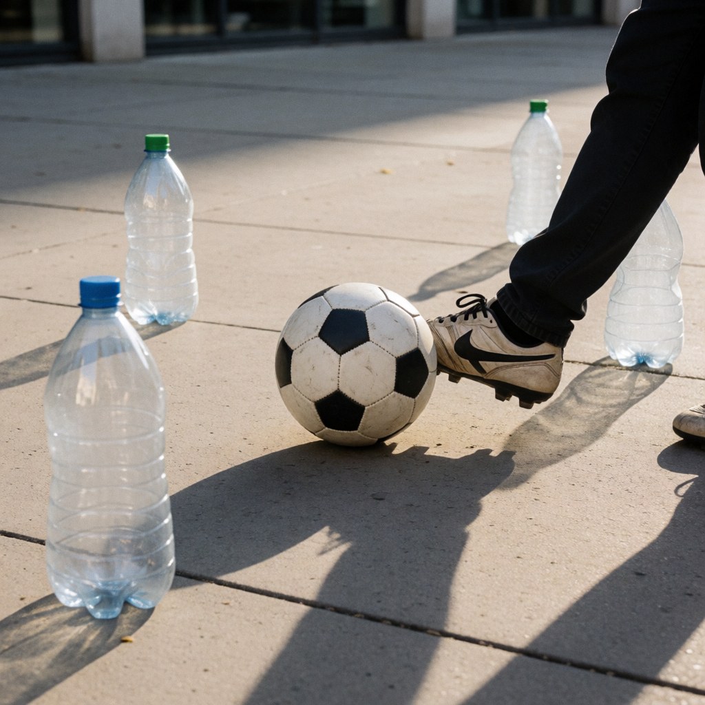 Soccer cleat positioned on a ball in an urban plaza with bottles acting as cones for training drills