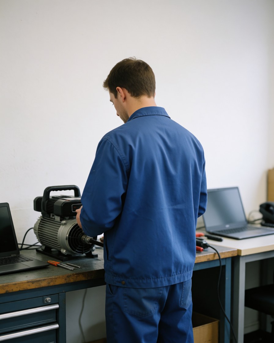 Refrigeration technician working with vacuum equipment in a well-lit and organized workshop.