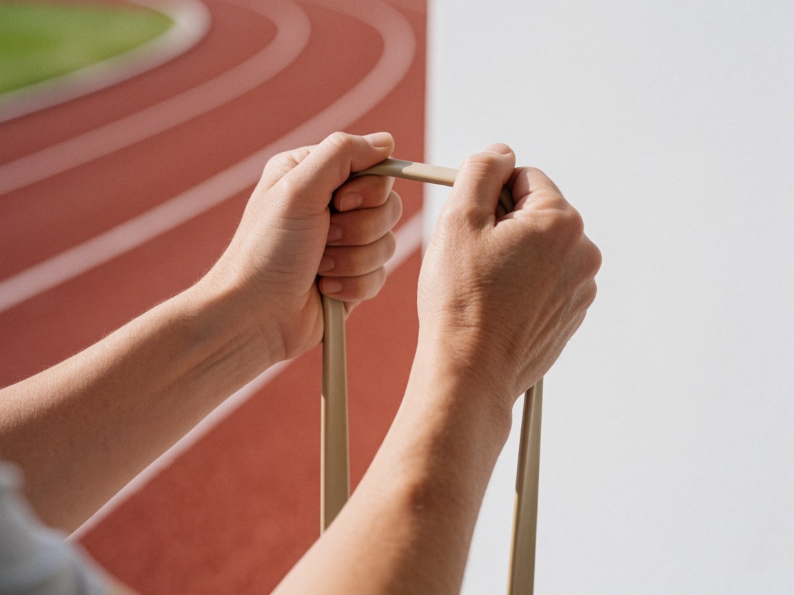 Close-up detail of hands gripping a resistance band on an outdoor athletic track during a flexibility and physical training session