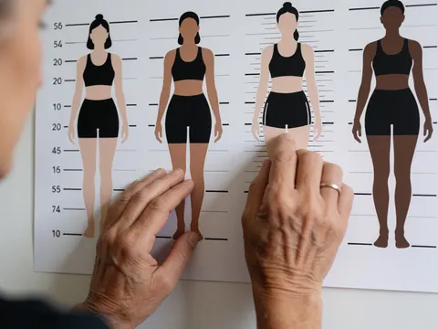 Adult hands pointing to female silhouettes on a body measurement chart, highlighting diversity and focus on women's boxing.