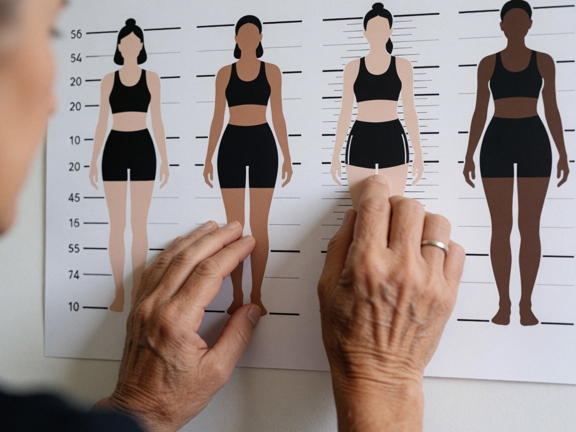 Adult hands pointing to female silhouettes on a body measurement chart, highlighting diversity and focus on women's boxing.