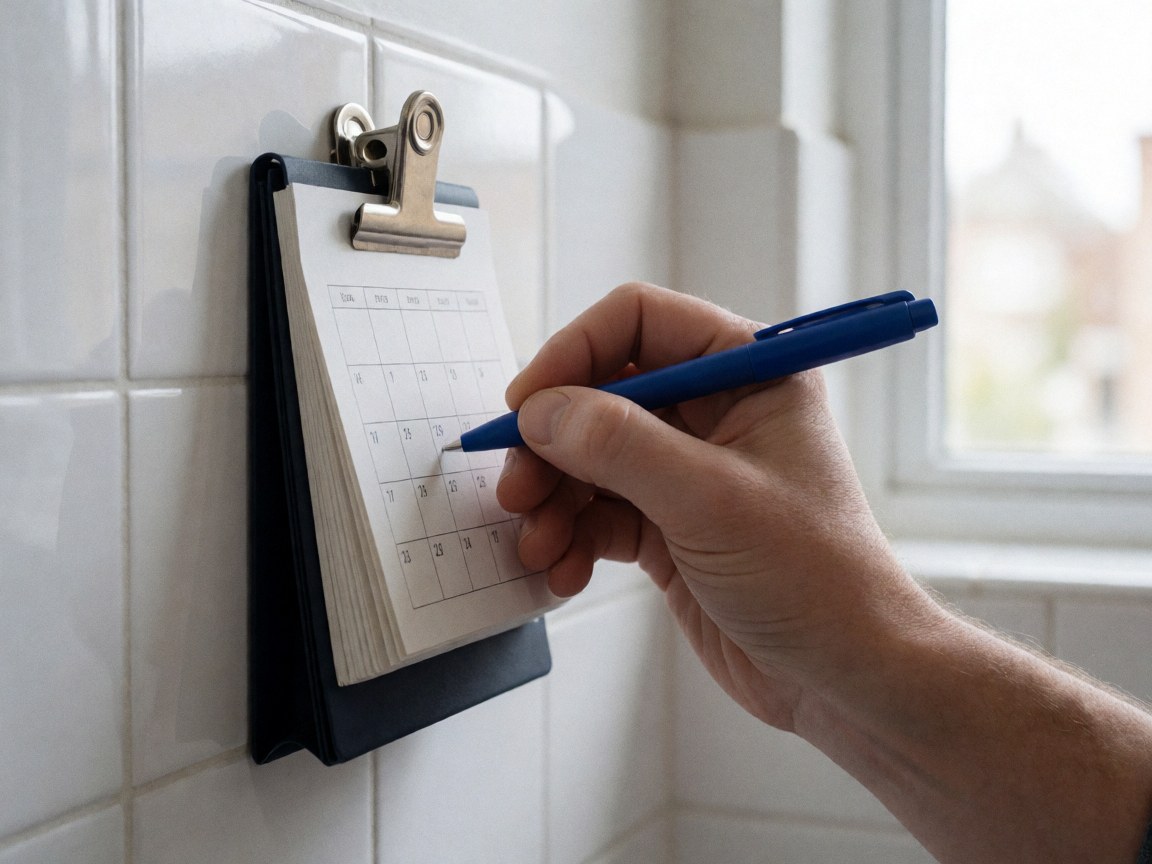 Close-up of a hand using a blue pen to write on a wall calendar with a metal clip against a white tiled background.