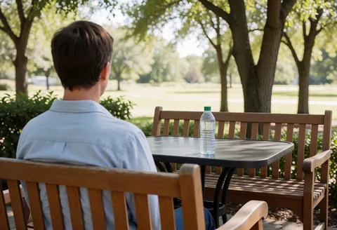 A person sits on a wooden bench in an outdoor area, looking at a table with a water bottle, surrounded by trees and natural light.