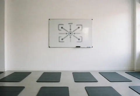 Empty crossfit gym with gray mats in a row and a whiteboard with a diagram, ideal for trainers