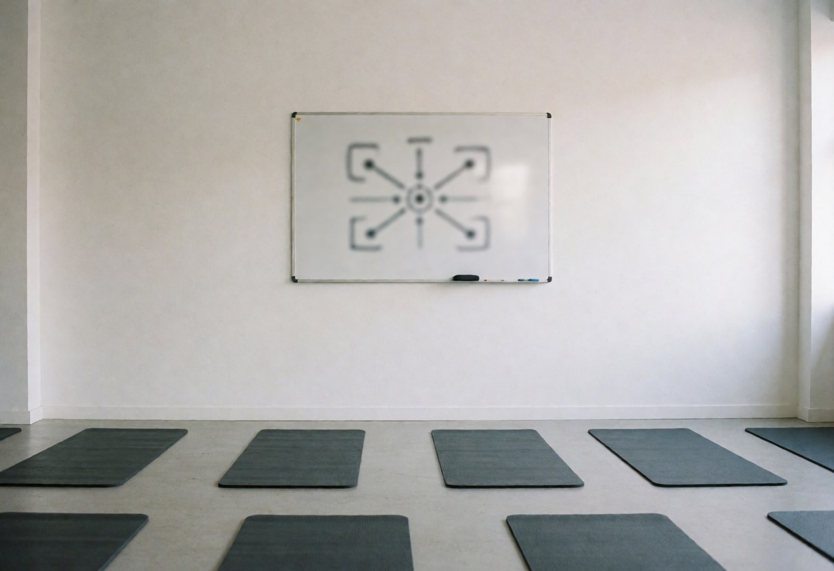 Empty crossfit gym with gray mats in a row and a whiteboard with a diagram, ideal for trainers