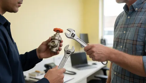 Appliance repair technician displays a gas valve and wrench to a client in a workshop with light yellow walls.