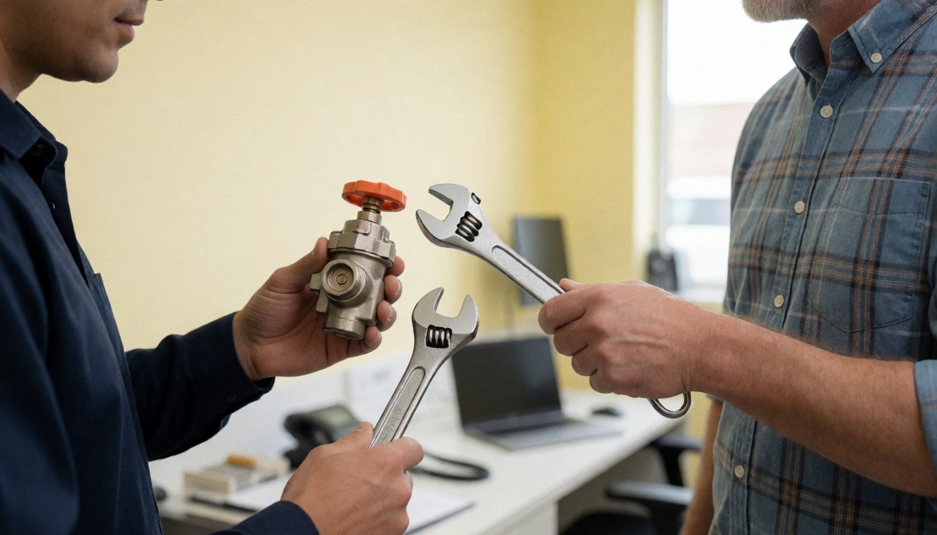 Appliance repair technician displays a gas valve and wrench to a client in a workshop with light yellow walls.
