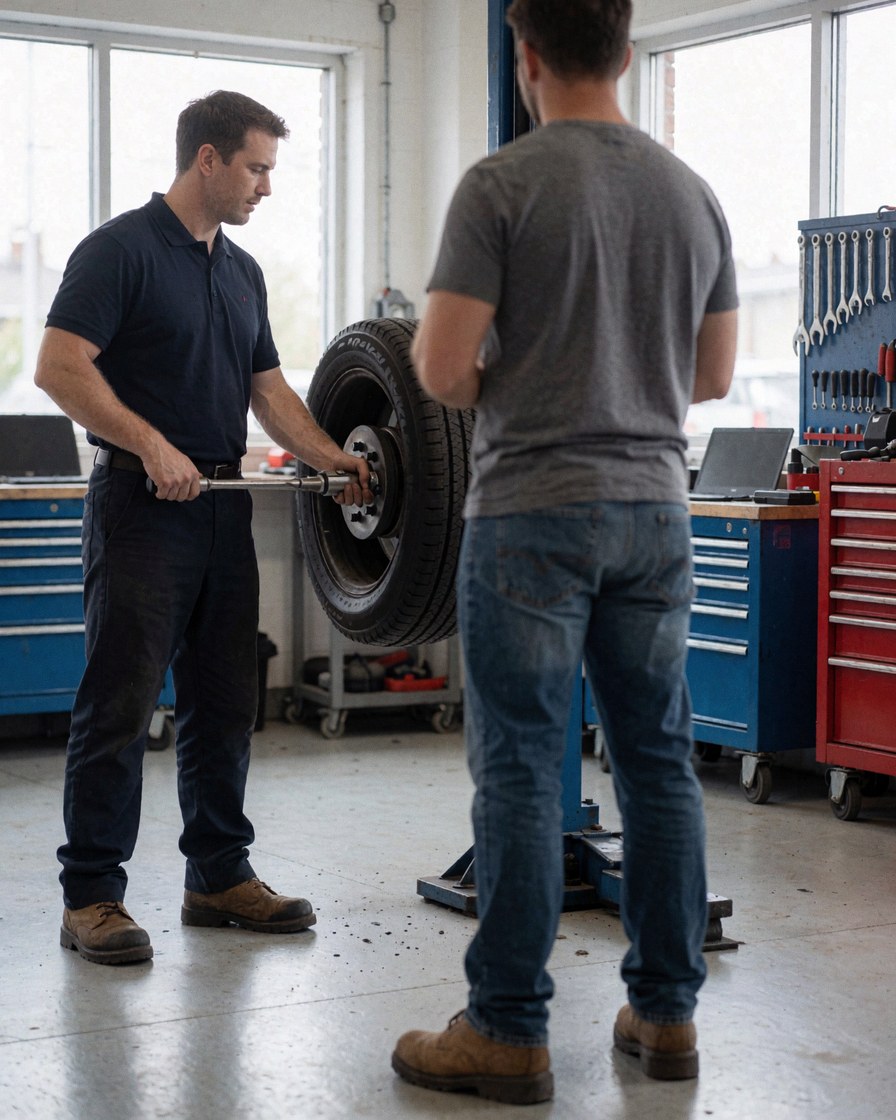 Mechanic mounting a tire with a torque wrench in a clean, well-lit garage with tools visible on racks