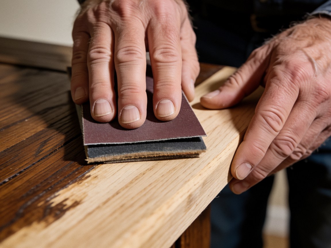 Close-up of hands using a sanding block on an oak surface, revealing the wood grain and layer transition.