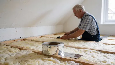 A worker applies aluminum foil tape to secure thermal insulation material on a residential roof during a construction project.