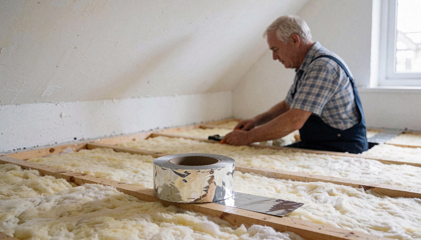 A worker applies aluminum foil tape to secure thermal insulation material on a residential roof during a construction project.