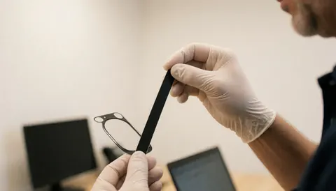 Technician applying black adhesive to contact lenses in a phone repair shop with white wall and visible equipment
