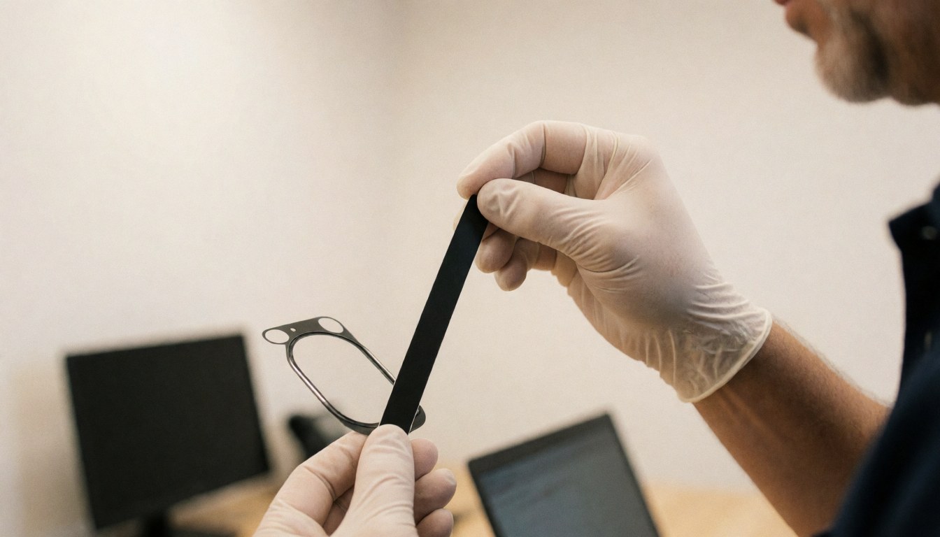 Technician applying black adhesive to contact lenses in a phone repair shop with white wall and visible equipment