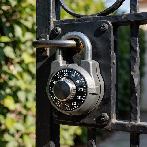 Metal combination lock with white numbers mounted on a wrought iron door with green foliage background