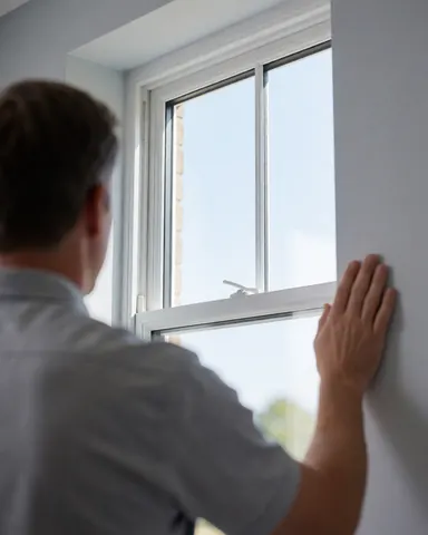 A professional cleaner inspects a spotless window in a new building with gray walls and a clear sky reflection.