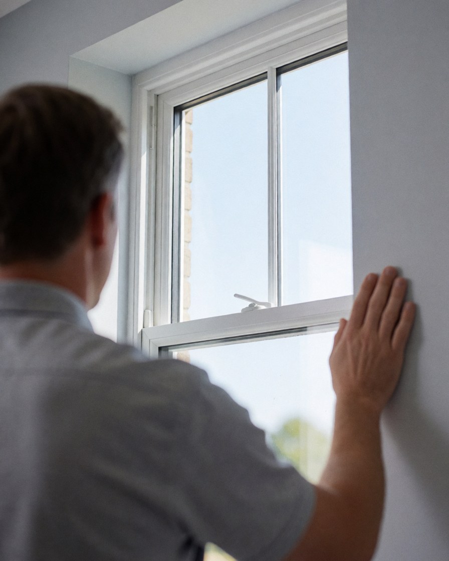 A professional cleaner inspects a spotless window in a new building with gray walls and a clear sky reflection.