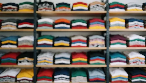 Out of focus shelves holding folded colorful t-shirts, serving as a clean background for textile printing business text overlays.