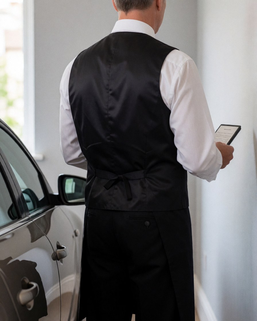 A valet in uniform holding a tablet near a parked car against a light gray wall