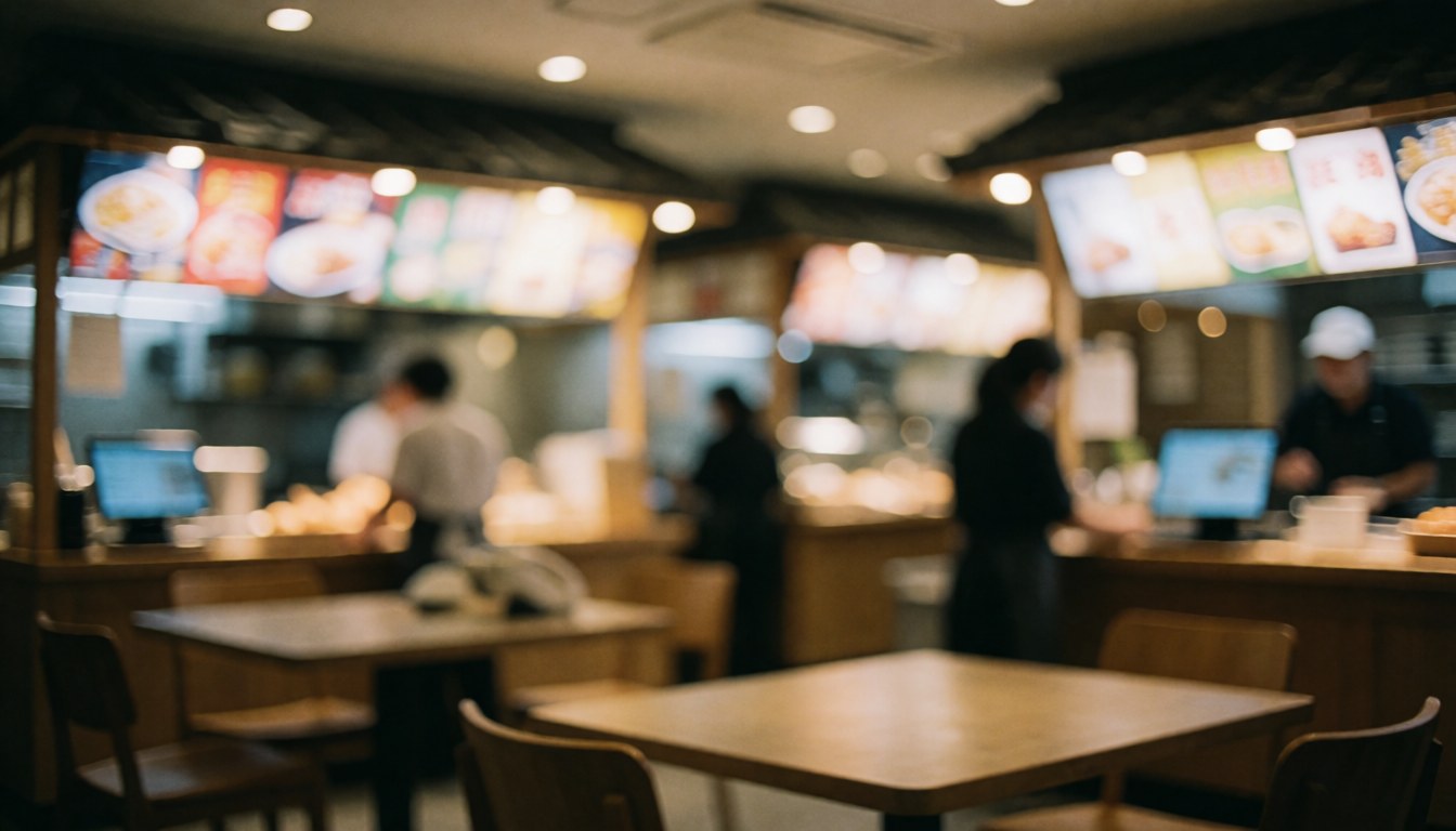 Empty wooden tables and payment screens in a theme park food court with warm lighting and bokeh effect