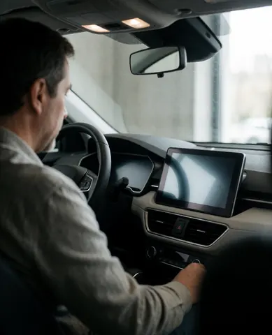 A customer reviews the infotainment screen inside a modern car with natural light coming through the window and the steering wheel visible.