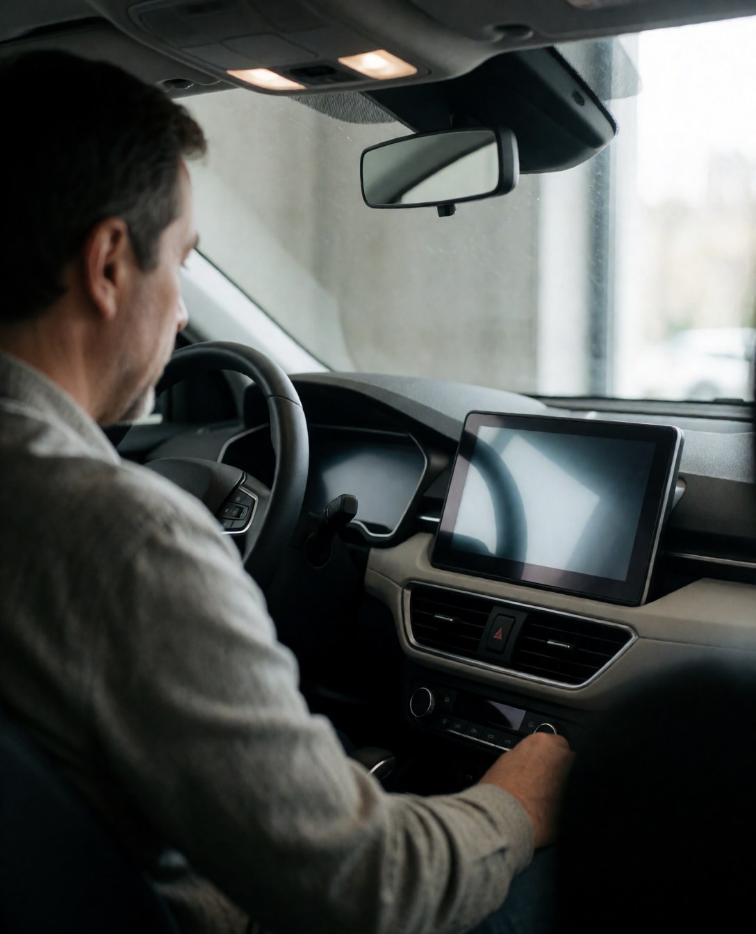 A customer reviews the infotainment screen inside a modern car with natural light coming through the window and the steering wheel visible.