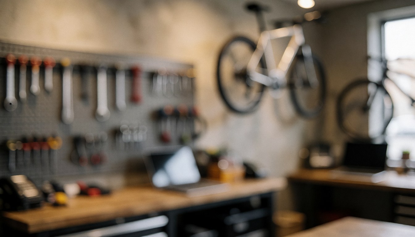 Hanging bicycles in a bike workshop with tools on racks, warm lighting, and neutral walls