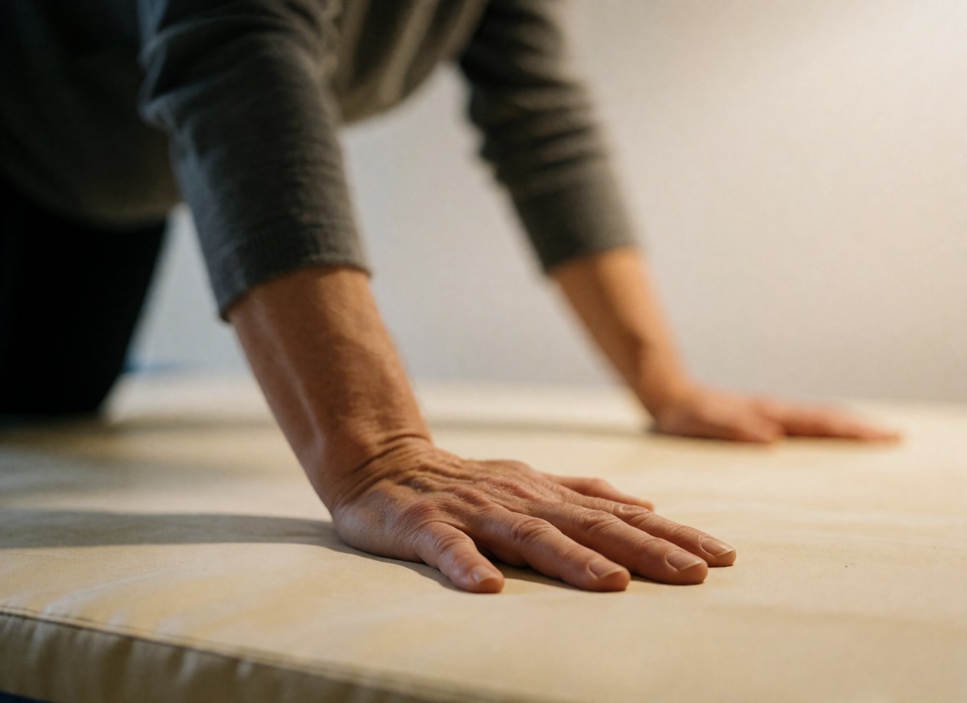 Close-up of adult hands resting on a gymnastics mat with a blurred body in motion against a white wall and warm lighting