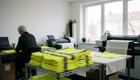 Stacked yellow safety vests on a metal rack in a textile printing workshop with machinery and windows
