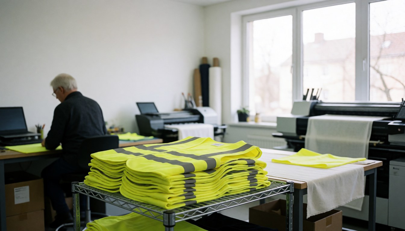 Stacked yellow safety vests on a metal rack in a textile printing workshop with machinery and windows
