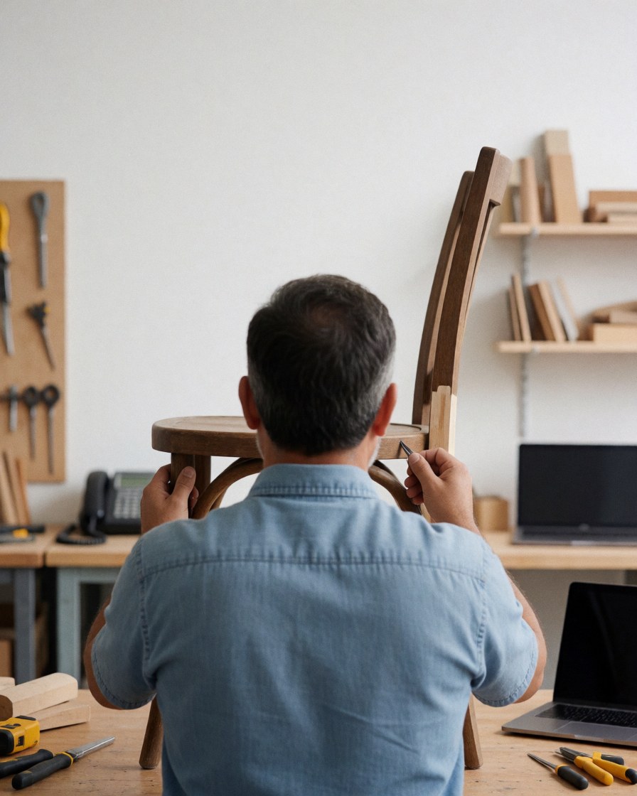 Technician restoring a wooden chair in a well-lit, tidy workshop with visible tools and white walls.