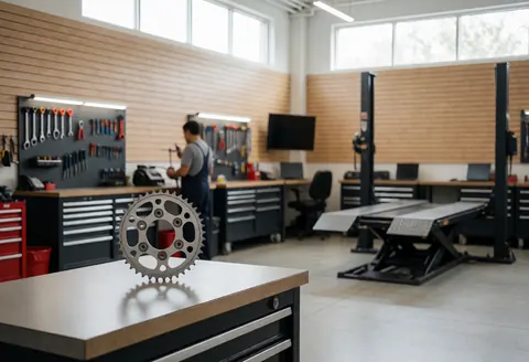 Silver motorcycle sprocket resting on a workbench in a garage with tools and a lift in the background