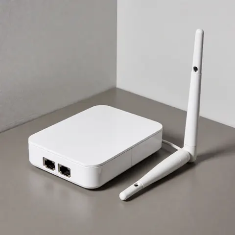 Close-up of a white electronic device featuring a Wi-Fi antenna and Ethernet ports resting on a neutral gray background, suitable for solar panel repair product imagery.
