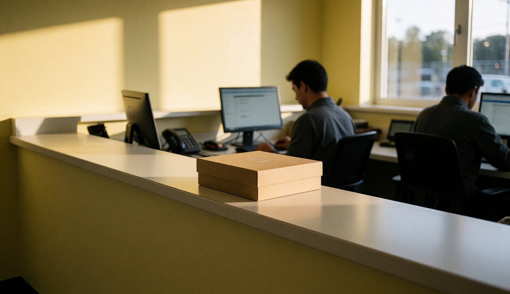 Reception area with two employees at computers, a gift box on the counter, and light yellow walls, suitable for a website hero section.