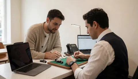 A professional watchmaker repairs a timepiece on a green table while a client watches in a modern workshop.